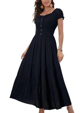 🆕Women's Black Solid Boho Smocked Tiered Short Sleeves Summer Beach Maxi Dress